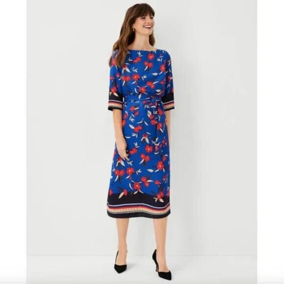 NWT $169 Ann Taylor Border Floral Belted Midi Dress Blue Size MP Medium Pettite - Picture 1 of 4